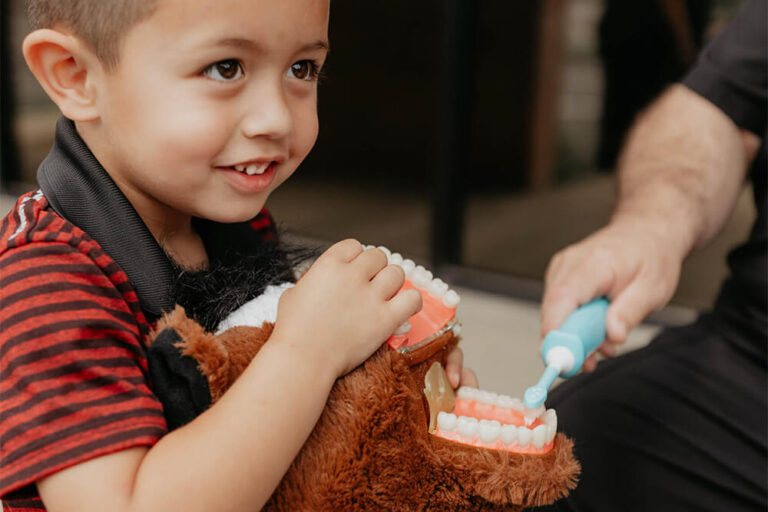 Kid holding teeth model